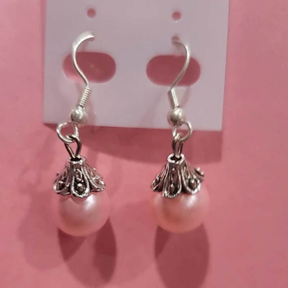 PINK PEARL 6MM LUSTER DROP DANGLE DESIGNER ORIGINAL  STUNNINGPIERCED  EARRINGS